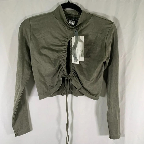 Zara Cropped Blouse Women's Medium Green Tie Front Long Sleeve Open Front New - Picture 1 of 10